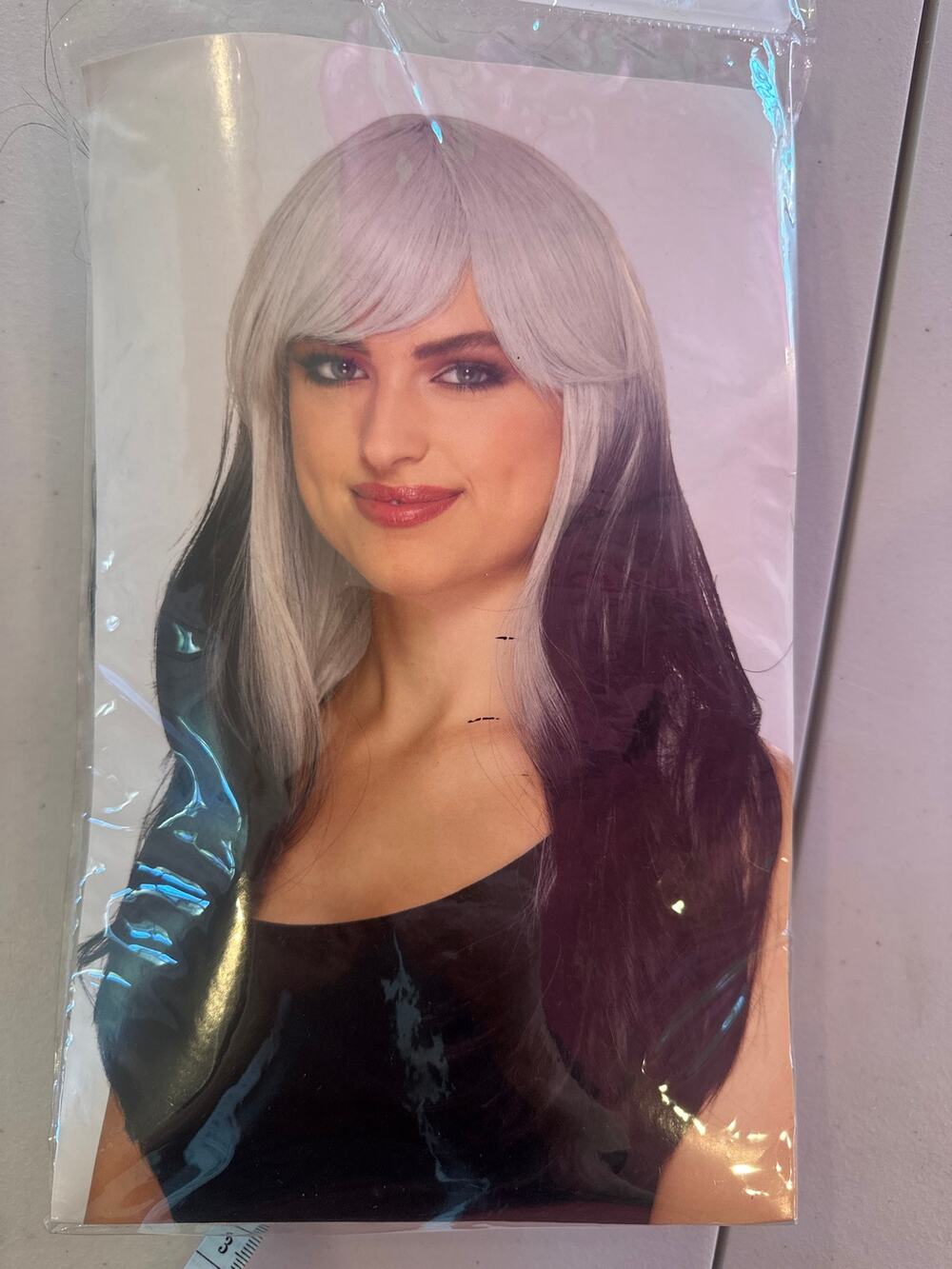 Two Tone Black Silver Straight Costume Wig Halloween Adult